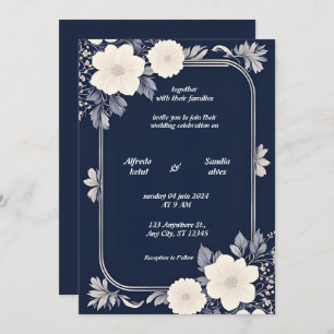 Invitación Boda marfileña elegante de Navy Blue y Silver