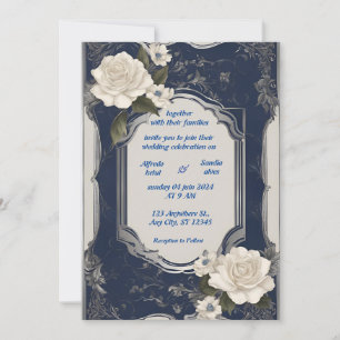 Invitación Boda marfileña elegante de Navy Blue y Silver