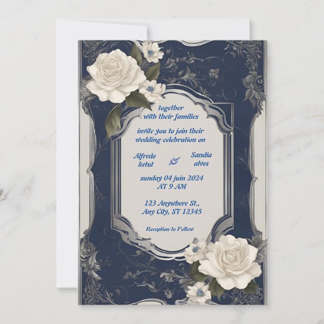 Invitación Boda marfileña elegante de Navy Blue y Silver (Anverso)