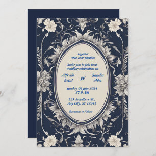 Invitación Boda marfileña elegante de Navy Blue y Silver