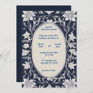 Invitación Boda marfileña elegante de Navy Blue y Silver