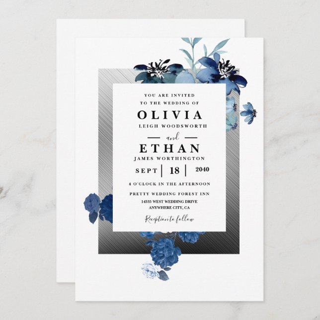 Invitación Boda marfileña elegante de Navy Blue y Silver (Anverso / Reverso)