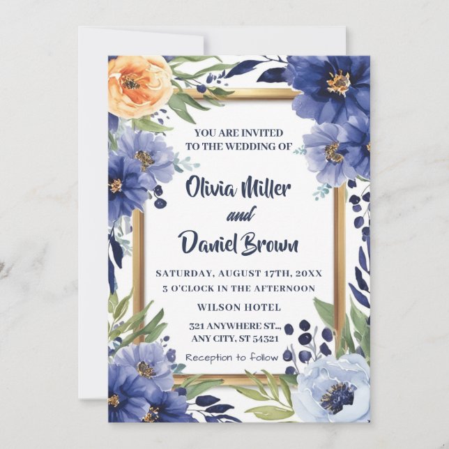 Invitación Boda marfileño elegante azul de la Marina (Anverso)
