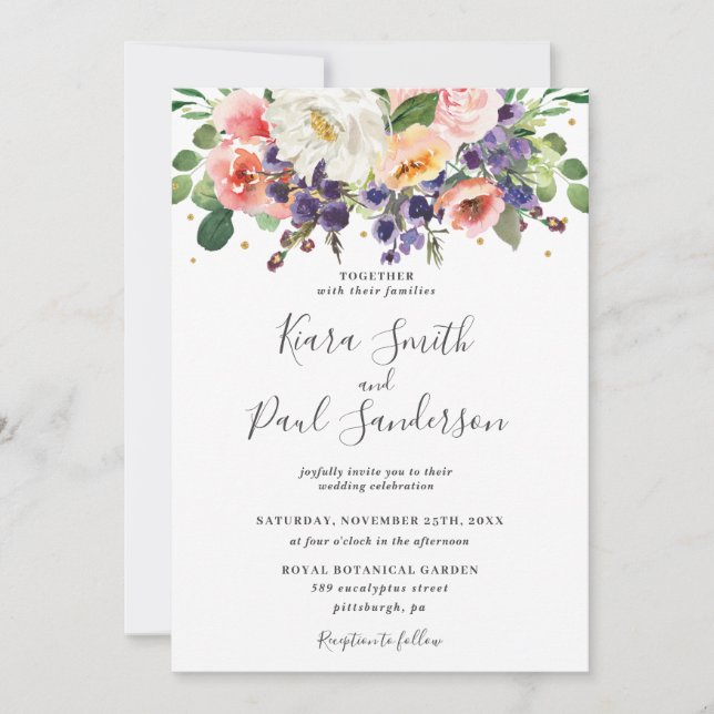 Invitación Boda marfileño Rubor morado de verdor floral (Anverso)