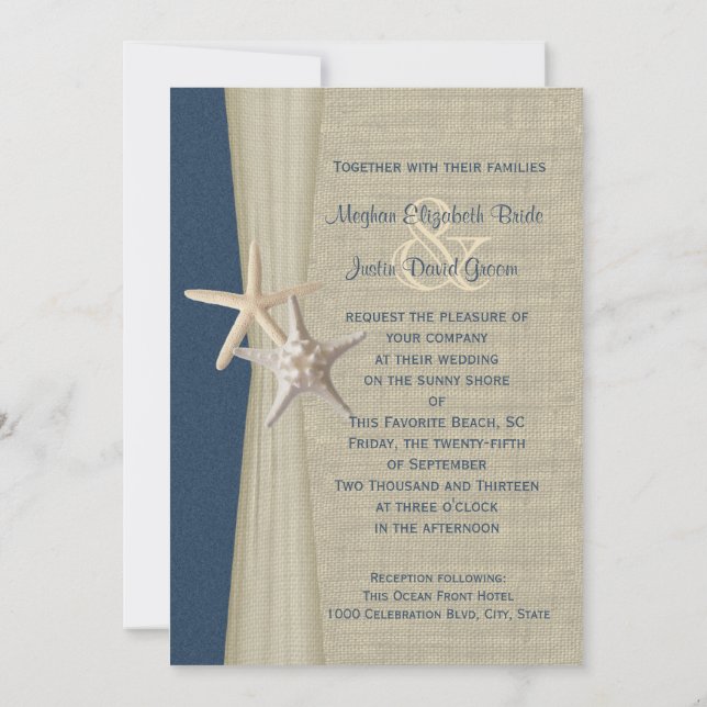 Invitación Boda marina azul Burlap y Starfish Beach Wedding (Reverso)