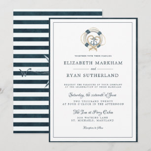 Invitación Boda Marina Azul Marino y Blanco   Anclado en el A