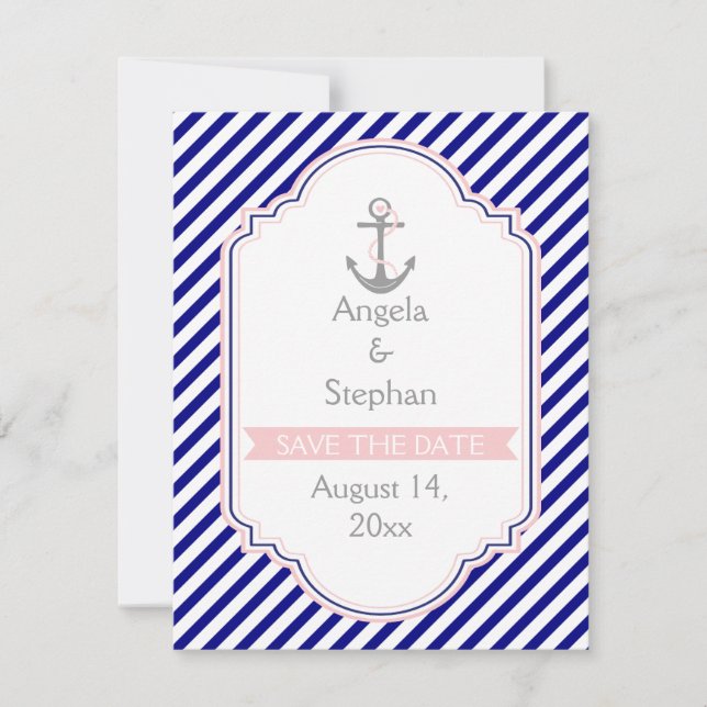 Invitación Boda marina azul rosa salva la fecha (Anverso)