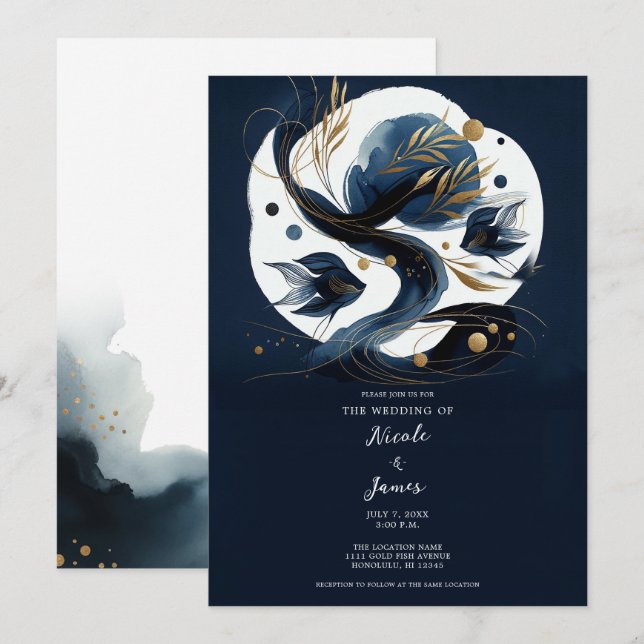 Invitación Boda marina azul y dorada en playa de peces (Anverso / Reverso)