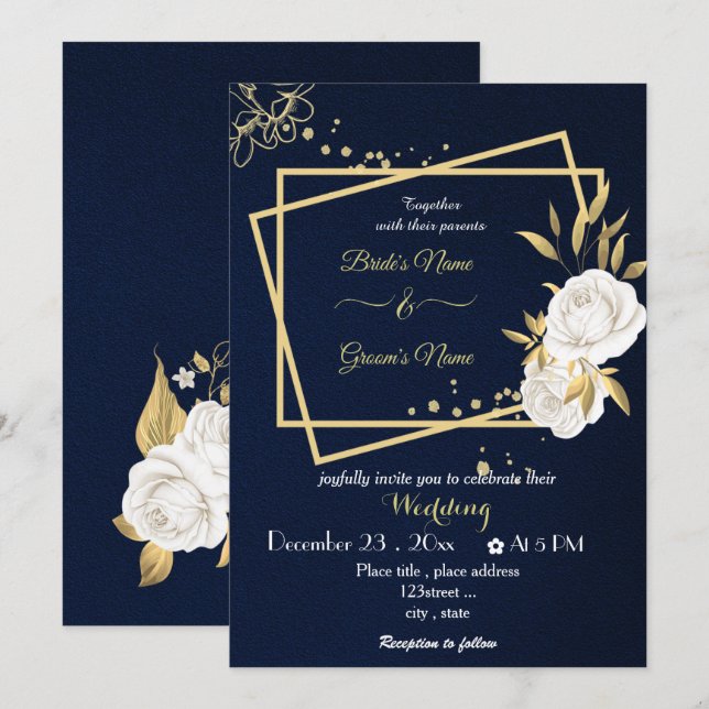 Invitación boda marino geométrico de flores blancas (Anverso / Reverso)