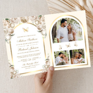 Invitación Boda Mariposa Arco Dorado Floral Crema Marfil