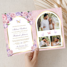 Boda Mariposa Arco Dorado Floral Rosa Lavanda
