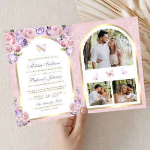 Invitación Boda Mariposa Arco Dorado Floral Rosa Lavanda