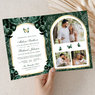 Invitación Boda Mariposa Arco Dorado Floral Verde Esmeralda