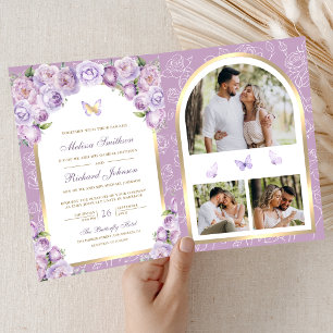 Invitación Boda Mariposa Arco Floral Púrpura Lavanda Dorado