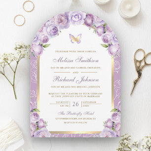 Invitación Boda Mariposa Arco Floral Púrpura Lavanda Dorado