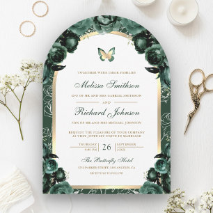 Invitación Boda Mariposa Arco Floral Verde Esmeralda Dorado