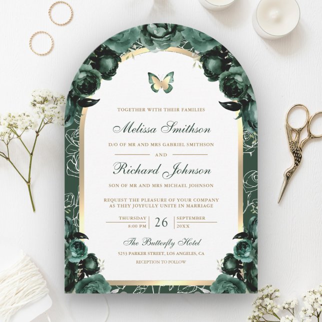 Invitación Boda Mariposa Arco Floral Verde Esmeralda Dorado (Subido por el creador)