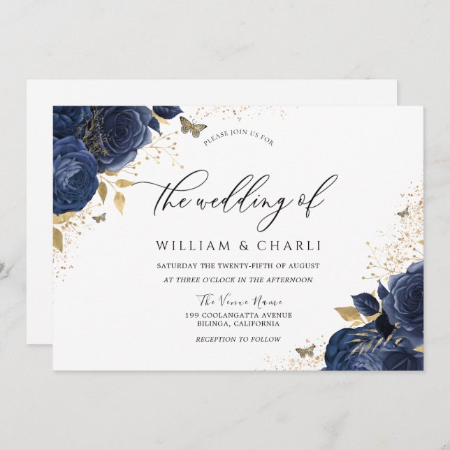 Invitación Boda mariposa de flores azul índigo de la marina (Anverso / Reverso)
