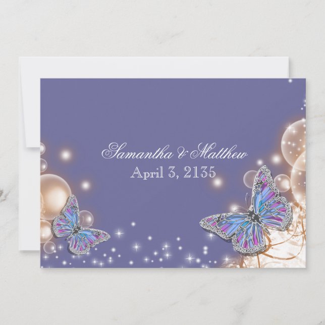 Invitación boda mariposa de marfil azul (Anverso)