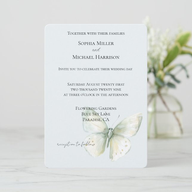 Invitación Boda Mariposa de Menta (Anverso de pie)