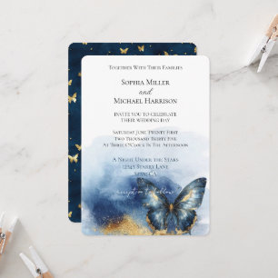 Invitación Boda Mariposa Dorada Azul  