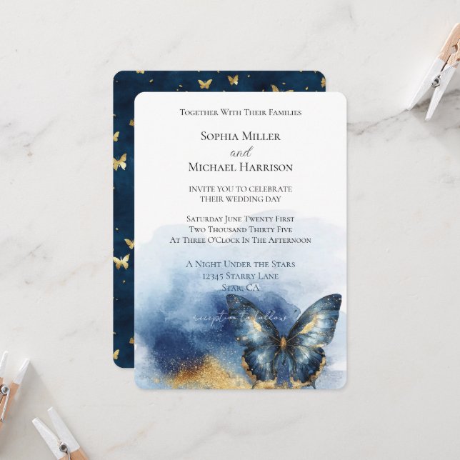 Invitación Boda Mariposa Dorada Azul   (Anverso/Reverso In Situ)
