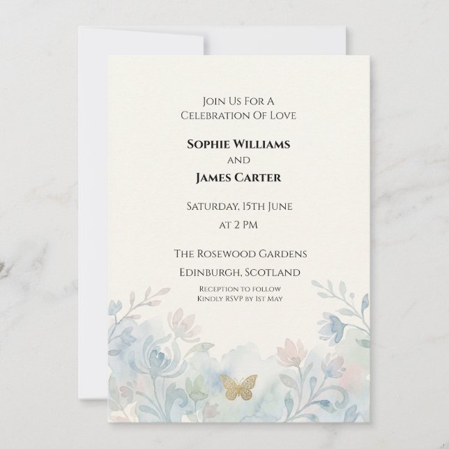 Invitación Boda Mariposa Floral Azul (Anverso)