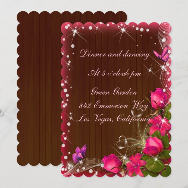 Invitación Boda Mariposa Floral Rosa Madera Rústica Recep (Anverso / Reverso)