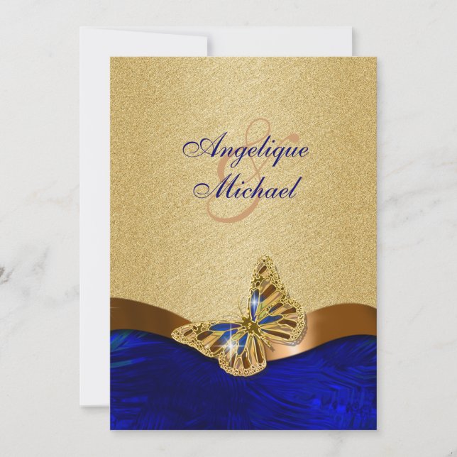 Invitación boda mariposa marrón dorado azul (Anverso)