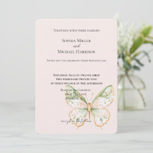 Invitación Boda Mariposa Rosa Rubor Verde Menta Dorado