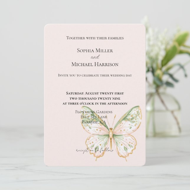 Invitación Boda Mariposa Rosa Rubor Verde Menta Dorado (Anverso de pie)