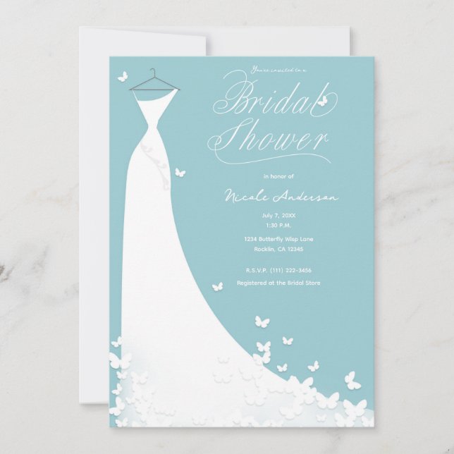 Invitación Boda mariposa Vestido Turquesa Ducha de novia (Anverso)