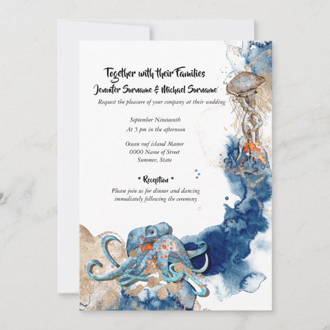 Invitación boda marítimo de la naranja de la marina Octopus (Anverso)