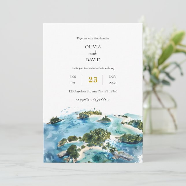 Invitación Boda marítimo de las Islas Palm Tropicales minimal (Anverso de pie)
