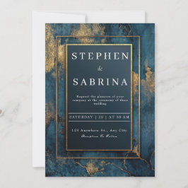 Invitación Boda Mármol Azul Marino Brillo Dorado de Lujo