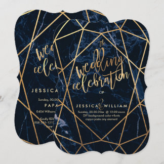Invitación Boda Mármol Azul Medianoche + Falso Oro