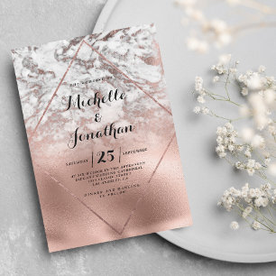 Invitación Boda mármol blanco geométrico con gradiente de oro