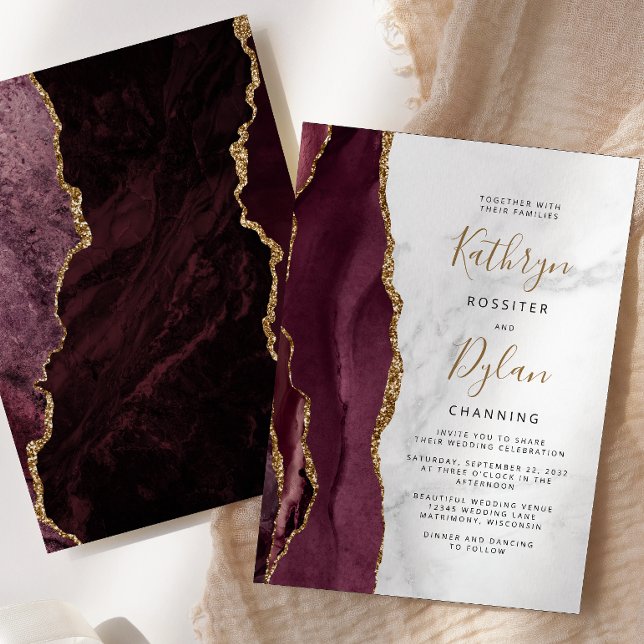 Invitación Boda Mármol Gris Ágata Dorada Borgoña (Subido por el creador)