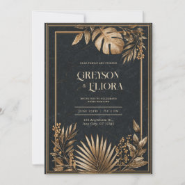 Invitación Boda Mármol Negro Tropical Dorado Metálico