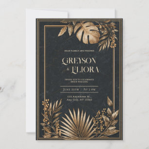 Invitación Boda Mármol Negro Tropical Dorado Metálico