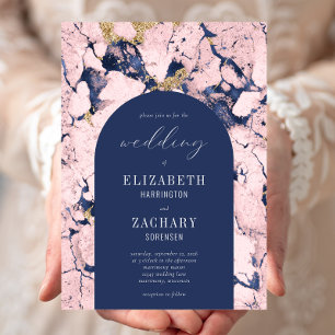 Invitación Boda Mármol Rosa Azul Marino Arco Moderno