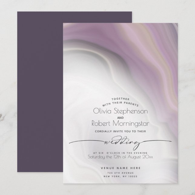 Invitación BODA | Mármol suave púrpura de ciruela (Anverso / Reverso)