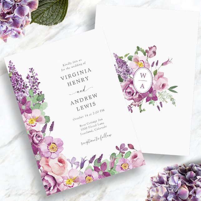 Invitación Boda marrón acuarela morado (Watercolor Wildflower Purple Wedding Invitation
)