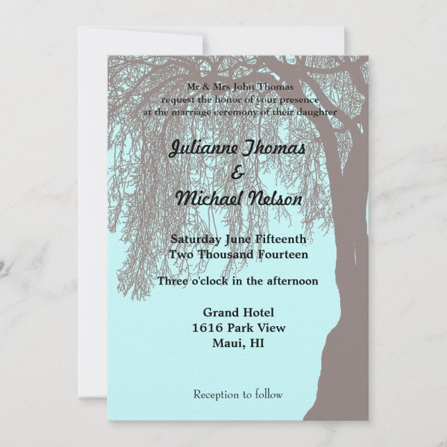Invitación Boda marrón azul de árbol silvestre lloroso (Anverso)