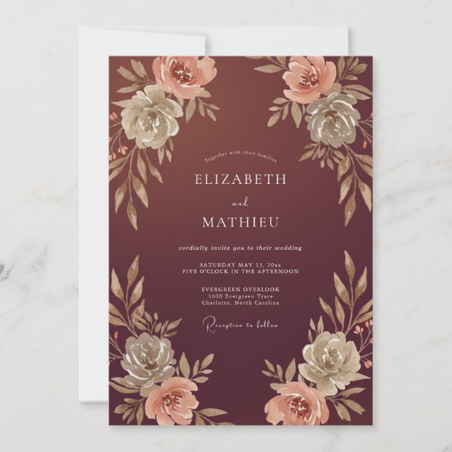 Invitación Boda Marrón Beige Frondosa (Anverso)