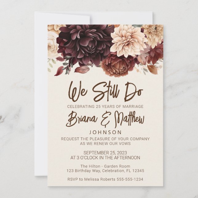 Invitación Boda marrón beige marfil-floral promete renovación (Anverso)
