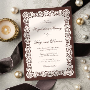 Invitación Boda Marrón Café Elegante Encaje Marfil Antiguo