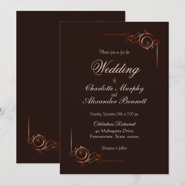 Invitación Boda marrón chocolate simple (Anverso / Reverso)