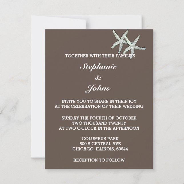 Invitación Boda marrón de chocolate blanco oscuro y Starfish (Anverso)