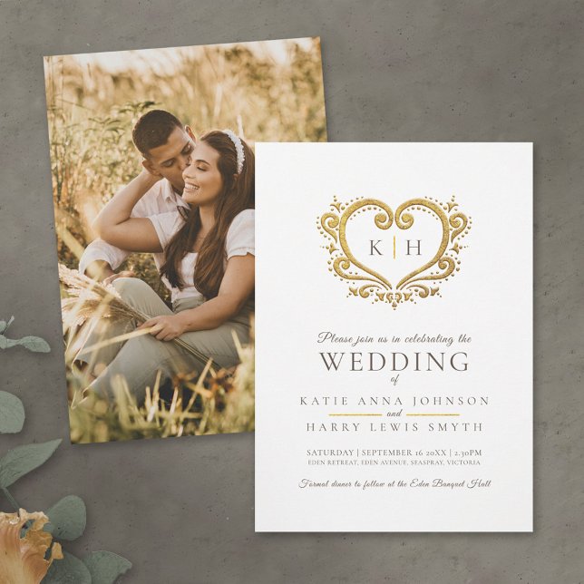 Invitación Boda marrón de corazón dorado blanco (Subido por el creador)